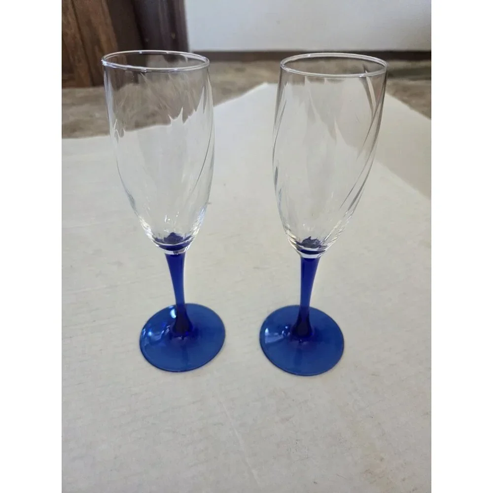 Vintage Cobalt Blue Stem Champagne Flute Wine‎ Glasses 8.25